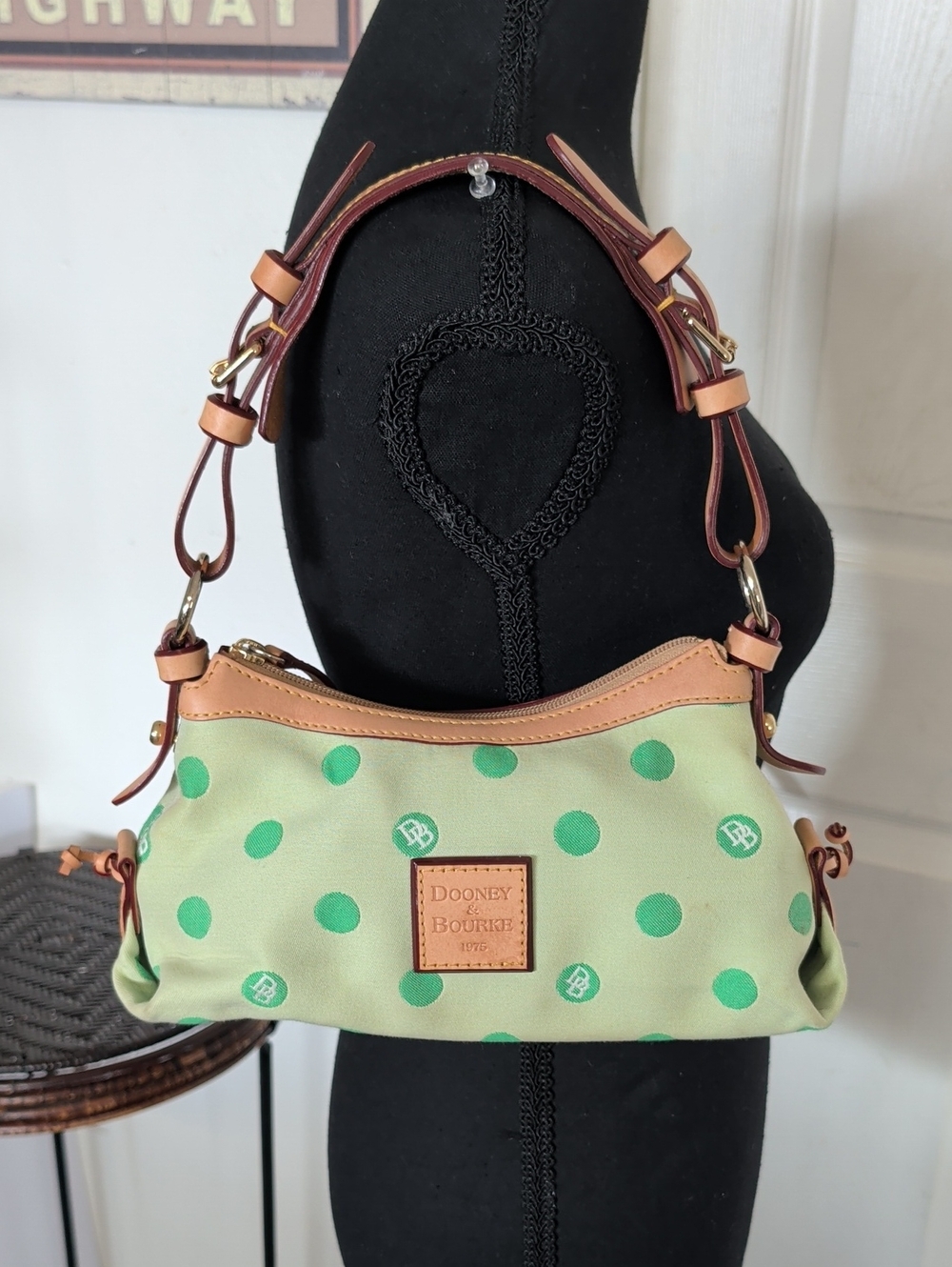 Dooney & Bourke Green Polka Dot Canvas Shoulder Bag with Tan Leather Trim